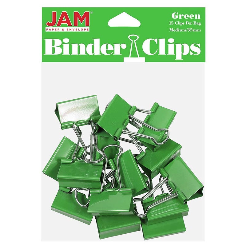 JAM PAPER Colorful Binder Clips - Medium - 1 1/4 Inch (32 mm) - Green Binderclips - 15/Pack - Image 1